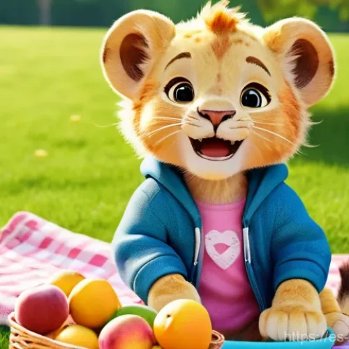 Home 15 카카오프렌즈의 탄생 비하인드 - A joyful outdoor picnic scene featuring Ryan, the kind-hearted lion without a mane, and Apeach, the ...