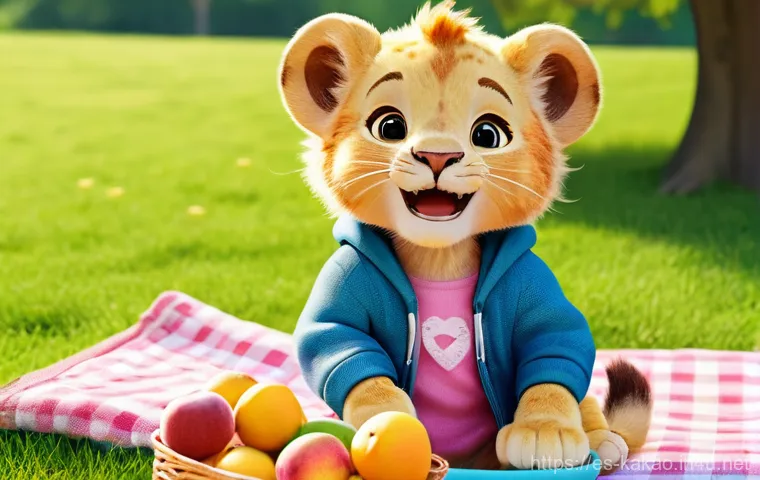 카카오프렌즈의 탄생 비하인드 - A joyful outdoor picnic scene featuring Ryan, the kind-hearted lion without a mane, and Apeach, the ...